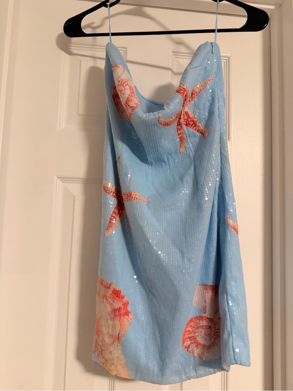 Lena Light Blue Sequin Seashell Sundress with Coral Starfish
